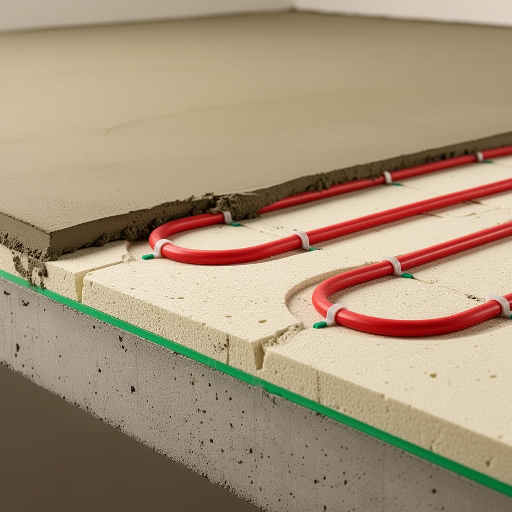 Doorsnede van een Isopact vloeropbouw met cementgebonden PIR-isolatie, vloerverwarmingsleidingen en dekvloer