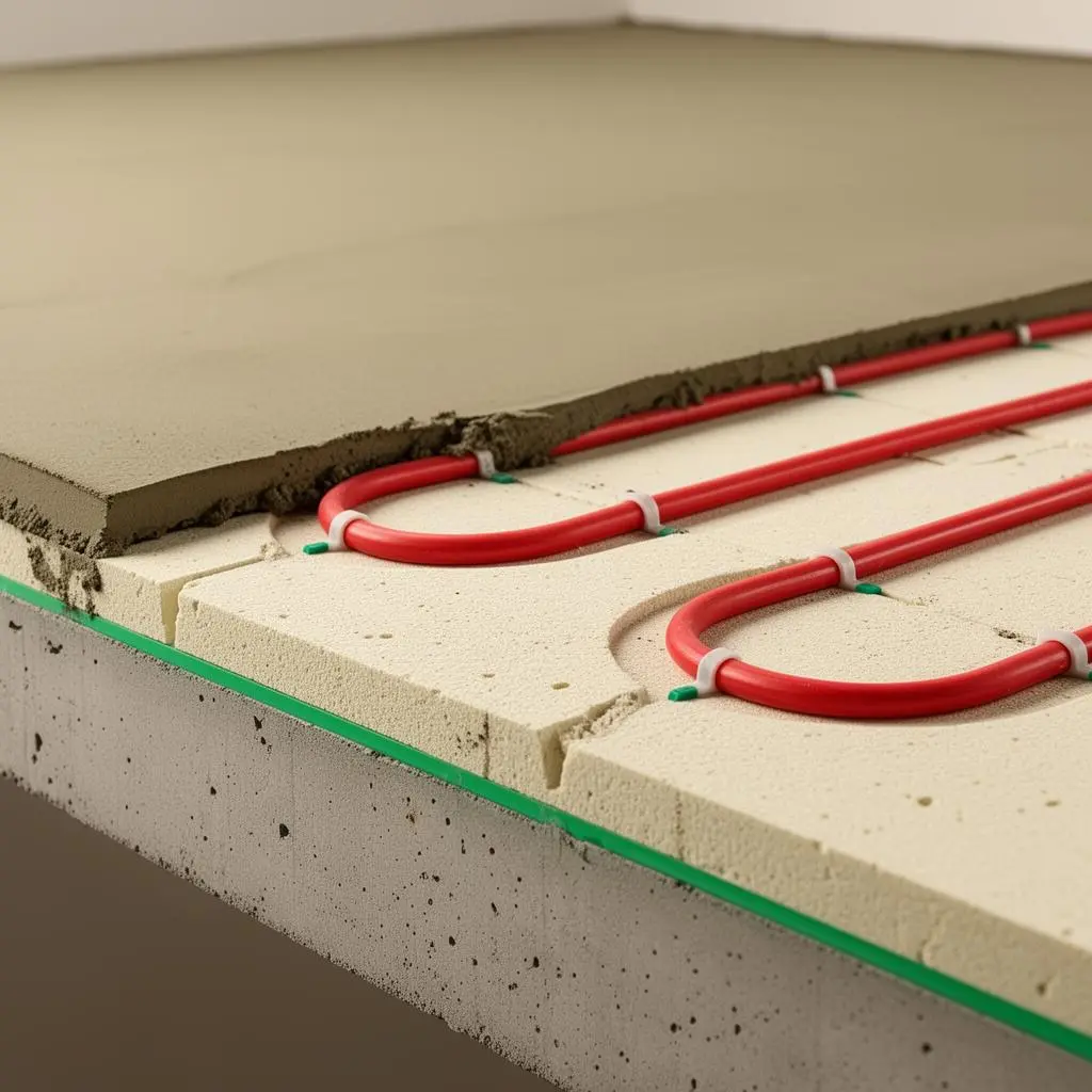 Doorsnede van een Isopact vloeropbouw met cementgebonden PIR-isolatie, vloerverwarmingsleidingen en dekvloer