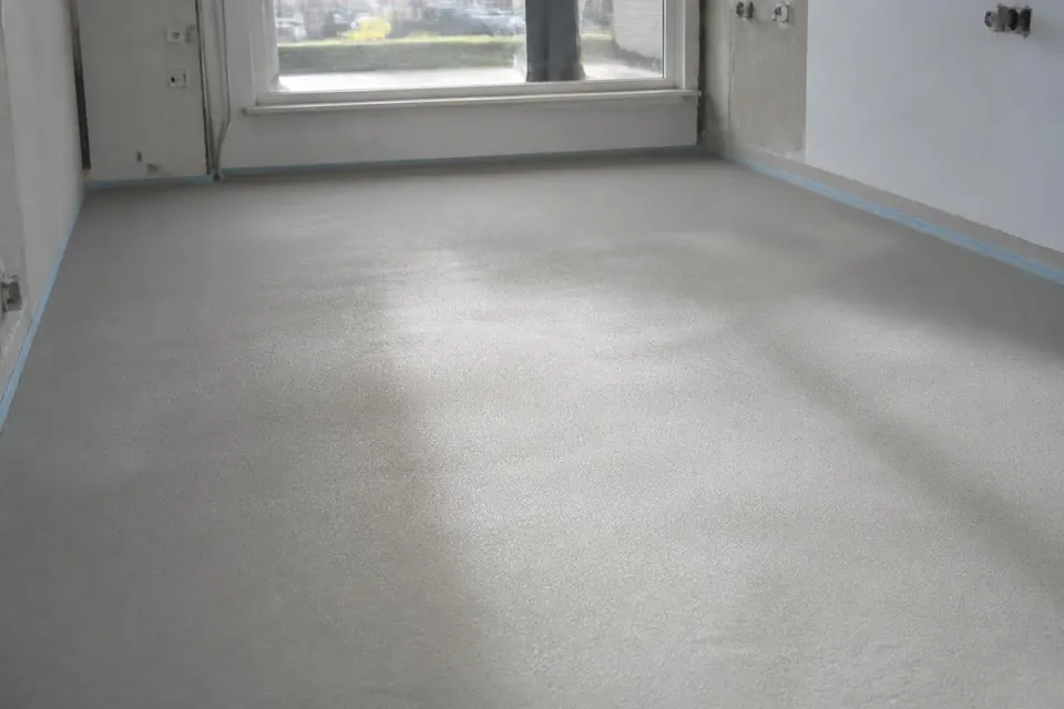 Uitgeharde, egale Isopact schuimbetonvloer in een lege kamer met daglicht, klaar voor de dekvloer